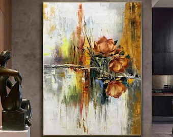 オリジナルの抽象的な蓮の花の油絵、特大の花の壁装飾40x60インチ