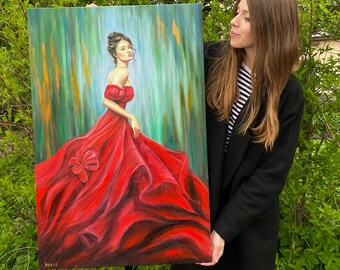 赤いドレスの女性油絵オリジナル優雅な女性画、ロマン主義時代の官能的