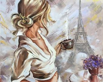 Frau in Paris Malerei Original Paris Wandbild Frau Kaffeetrinken Ölgemälde auf Leinwand Paris Cafe Art Eiffelturm Gemälde