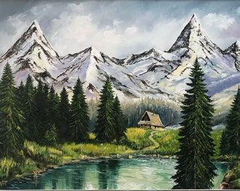 Mountain Stream Painting on Canvas Emerald Lake Painting Snowy Mountains Wall Art Colorado Mountain Landscape Oil Painting Framed Forest Art