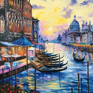 Large Venice Oil Painting Original Italy Art Gondola Oil Painting Venice Artwork Italy Wall Art Gold Sunset in Venice Grand Canal Painting