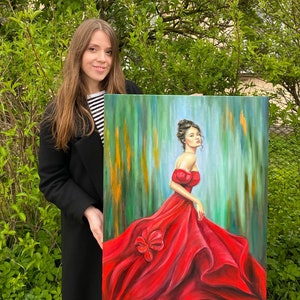 Dipinto a olio originale di una donna in abito rosso, dipinto di una donna moderna astratta, arte murale verde e rossa, bellissimo dipinto di una donna, elegante arte moderna
