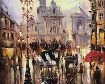 Prague Oil Painting Original Prague Wall Art Old Town Painting on Canvas Impressionist Street Scene Painting European City Street Art