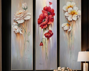 Long Vertical Painting Large Abstract Flowers Wall Art Work Canvas Beige Flower Oil Painting Large Original Floral Vertical Art Set