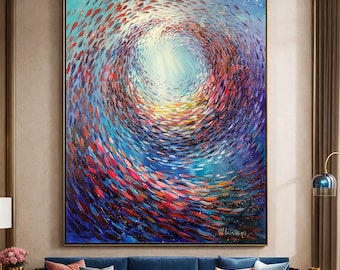 魚の群れを描いた壁掛け抽象画、鮮やかな魚の群れのアート、額装された