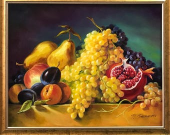 静物画フルーツ絵画オリジナルフルーツ油絵ブドウ壁アートリアリズム