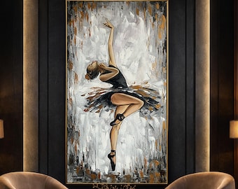 Abstract Ballerina Oil Painting Original Modern Black and Gold Ballet Artwork