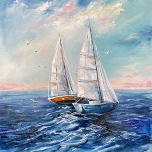 Velero pintura azul océano pintura al óleo sobre lienzo original barco arte paisaje marino blanco azul pintura náutica velero arte de la pared