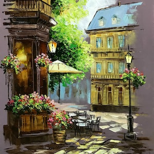 キャンバスに描かれたパリの街並みの絵画 フランスのカフェの油絵 オリジナルの都市景観の壁アート ヨーロッパの風景の油絵 パリのカフェのアートワーク