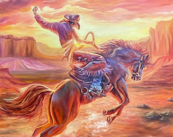 Cowboy Painting on Canvas Large Horse Oil Painting Original Orange Cowboy Art Modern Western Art Southwest Paintings Southwest Art for Walls