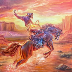 Cowboy Painting on Canvas Large Horse Oil Painting Original Orange Cowboy Art Modern Western Art Southwest Paintings Southwest Art for Walls