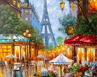 Paris Street Scene Oil Painting on Canvas, French Cafe Artwork