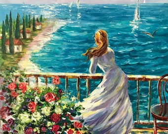 海辺の女性 油絵 ビーチで夢見る少女 アート風景画 キャンバス 彼女の