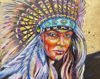 ネイティブアメリカン女性の油絵、先住民アート（19.7x23.6インチ