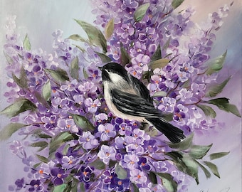 キャンバスに描かれた紫色の花の絵画：花の中の春の鳥の壁アート