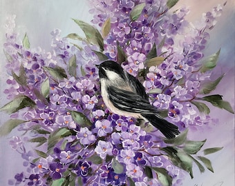 Bird Oil Painting Original Flycatcher Bird and Flower Painting on Canvas Purple Blossom Flowers Wall Art Custom Bird in Tree Painting Gift