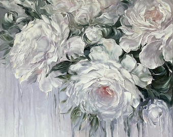 Abstract White Roses Oil Painting, Large Floral Canvas Art