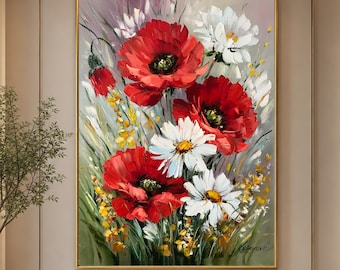 Abstract Poppy Daisy Oil Painting Original Custom White Daisies and  Red Poppies Flower Wall Art
