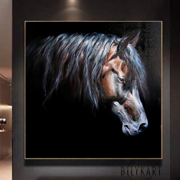 Horse Head Oil Painting Original Abstract Animal Decor Black Art Wild Animal Painting Gift for Horse Lover Black Horse Painting on Canvas