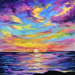 California Sunset Oil Painting Original Cloud Oil Painting Waves Painting on Canvas Panoramic Painting Textured Artwork Night Sky Painting
