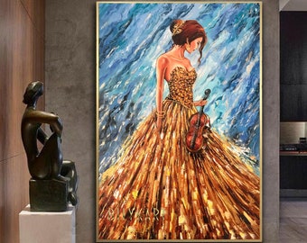 金色のドレスを着た女性の抽象的な油絵、オリジナルの少女の音楽の絵