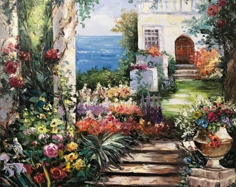 Positano Coast Oil Painting Original Italian Art Decor Flower Garden Artwork Italy Painting on Canvas Italy Wall Art Amalfi Coast Painting
