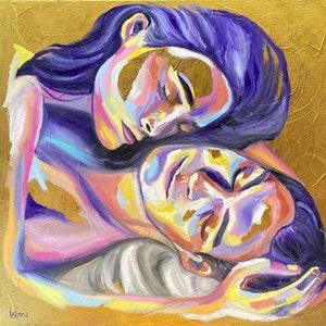 May include: A painting of two people embracing. The person on top has long purple hair and is wearing a purple shirt. The person on the bottom has short dark hair and is wearing a light blue shirt. The background is a gold color with swirls and lines.