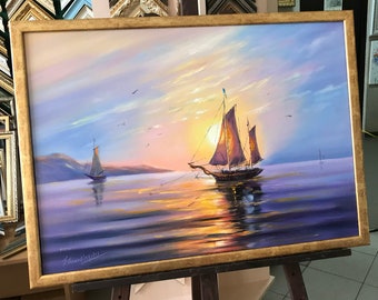 夕焼けの帆船の絵画 大型帆船アート 夕焼けの帆船の油絵 額入り帆船