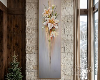 背の高い細長いユリの花の油絵、細長い抽象的な花柄のキャンバス壁画