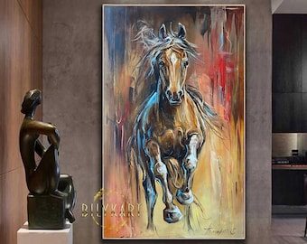 Running Horse Painting Original Horse Wall Art Canvas Animal Oil Painting Vertical Art Brown Horse Artwork Gift for him Abstract horse