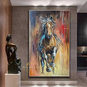 Running Horse Painting Original Horse Wall Art Canvas Animal Oil Painting Vertical Art Brown Horse Artwork Gift for him Abstract horse