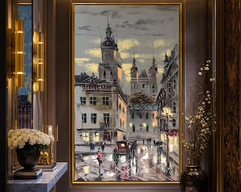 Large Gray City Street Painting on Canvas: Moody European Cityscape Wall Art