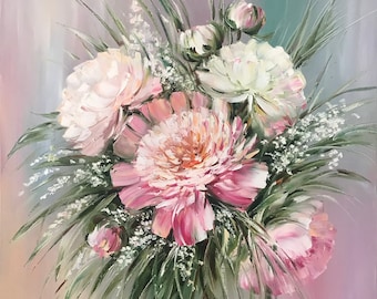 Pintura al óleo de peonías rosas, arte floral texturizado, decoración botánica para pared
