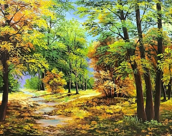 自然油絵オリジナル秋の絵画森の道キャンバス壁アート田舎の絵画