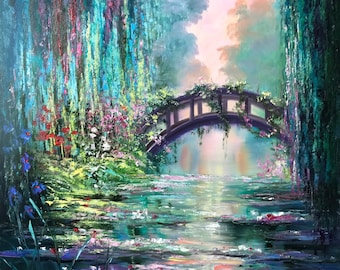 Claude Monet Painting on Canvas "Japanese Bridge" Water Lilies Wall Art Lily Oil Painting Green Nature Wall Decor Pond Painting Original