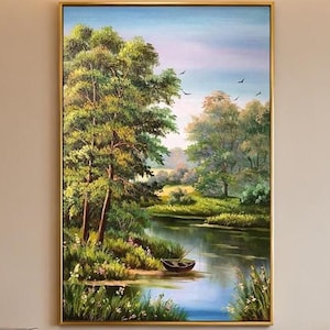 Original Landscape Oil Painting on Canvas Living Room Wall Art Green Forest Artwork River Panorama Wall Art Countryside Nature Oil Painting image 6
