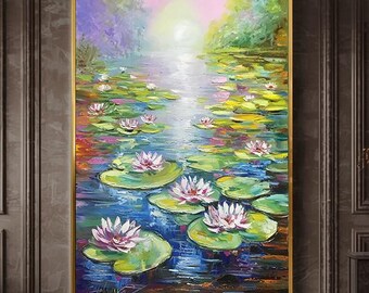 睡蓮の油絵：モネ風池の絵、8x8インチのオリジナル - Etsy 日本