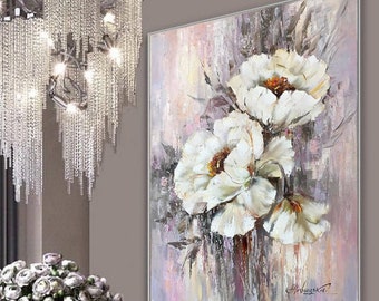 抽象的な油絵 花のようなデザイン 抽象的な花 - 大きなオリジナルアート - 油絵 - Etsy 日本