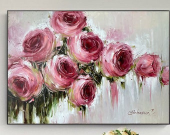 特大のバラの壁アート ピンクのキャンバスの花の油絵 高級ローズ