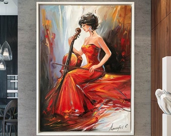 Woman Playing Cello Oil Painting Original, Elegant Lady in Red Dress Artwork, Cellist Painting, Female Musician Wall Art, Cello Artwork