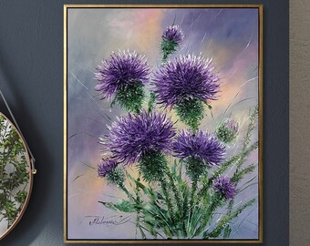 アザミの油絵 オリジナルの花のアート 植物画 野の花のアート