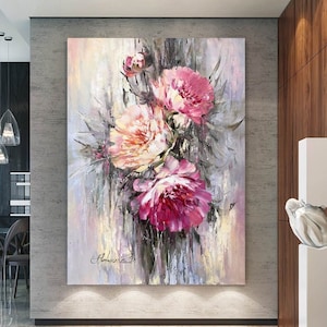 Large Peony Painting Abstract Peonies Wall Art Living Room Artwork Modern Floral Art Contemporary Flower Painting Gray Vertical Home Decor