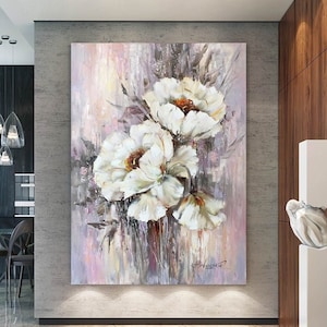 Large White Flower Painting Wildflower Oil Painting Modern Botanical Art Dining Room Decor Luxury Oversize Painting Extra Large Abstract Art