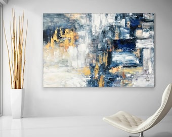 Blue Gold Abstract Painting, Large Wall Art, Contemporary Art 30x40, Modern Navy Blue Oil Painting 48x60, Abstract Extra Large Wall Art