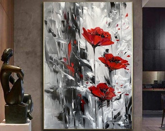 Large black and white oil painting Abstract paintings Poppy flowers wall art Big red flower painting XL Floral original extra large wall art