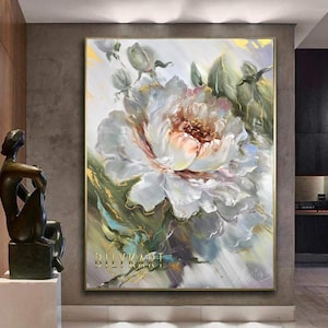 Big Abstract Flower Oil Painting White Green Floral Wall Art Neutral Color Flower Paintings Large Flowers for Wall Decor Painting Abstract