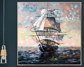 オリジナルの抽象的な船の油絵：大きな青い海景の壁アート（36x36