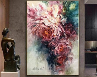 Abstract Flowers Original Painting Oversized Vertical Room Decor  Roses Oil Painting Extra Large Contemporary Floral Abstract Wall Art