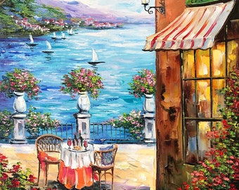 Italian Cafe Painting on Canvas Italian Restaurant Paintings Mediterranean Wall Art Italy Landscape Canvas Art Italian Scenery Oil Painting
