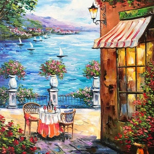 Italian Cafe Painting on Canvas Italian Restaurant Paintings Mediterranean Wall Art Italy Landscape Canvas Art Italian Scenery Oil Painting
